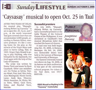 Caysasay musical to open Oct 25